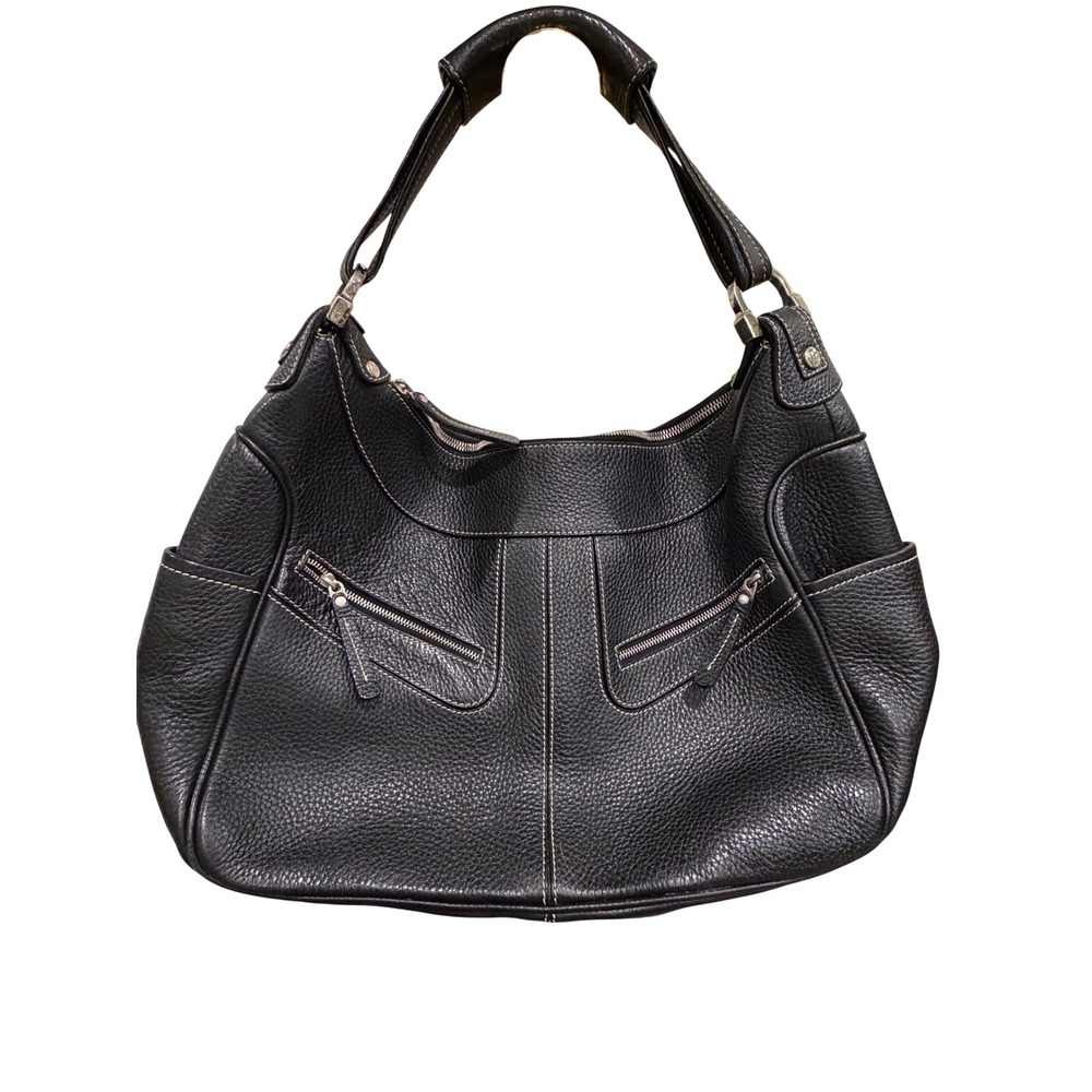 Tods Black Pebbled Leather G-Bag Hobo Shoulder Bag White Stitching Silver HW